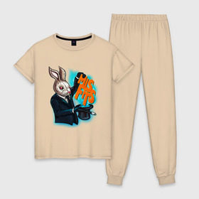 Женская пижама хлопок с принтом Кролик-психопат в Екатеринбурге, 100% хлопок | брюки и футболка прямого кроя, без карманов, на брюках мягкая резинка на поясе и по низу штанин | misfits