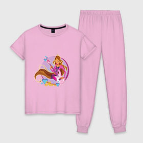 Женская пижама хлопок с принтом WinX - Флора в Екатеринбурге, 100% хлопок | брюки и футболка прямого кроя, без карманов, на брюках мягкая резинка на поясе и по низу штанин | win x | winx | винкс | детские | детям | для детей | феи | флора
