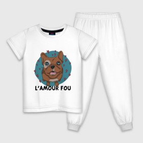 Детская пижама хлопок с принтом L\amour fou. в Екатеринбурге, 100% хлопок |  брюки и футболка прямого кроя, без карманов, на брюках мягкая резинка на поясе и по низу штанин
 | lamour | lamour fou | бульдог | любуюсь на тебя | собака | собачка