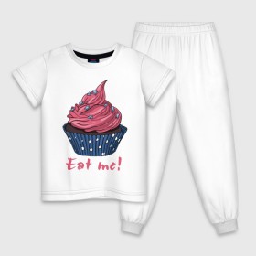 Детская пижама хлопок с принтом Eat me! в Екатеринбурге, 100% хлопок |  брюки и футболка прямого кроя, без карманов, на брюках мягкая резинка на поясе и по низу штанин
 | Тематика изображения на принте: 8 марта | девушкам | корзинка | международный женский день | пирожное | сладости
