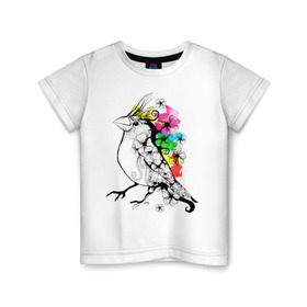 Детская футболка хлопок с принтом Birdie в Екатеринбурге, 100% хлопок | круглый вырез горловины, полуприлегающий силуэт, длина до линии бедер | Тематика изображения на принте: 8 марта | подарок | птица | птичка | разноцветные | цветы