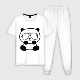 Мужская пижама хлопок с принтом панда в очках авиатор в Екатеринбурге, 100% хлопок | брюки и футболка прямого кроя, без карманов, на брюках мягкая резинка на поясе и по низу штанин
 | панда