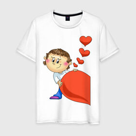 Мужская футболка хлопок с принтом Половинка сердца (мальчик) в Екатеринбурге, 100% хлопок | прямой крой, круглый вырез горловины, длина до линии бедер, слегка спущенное плечо. | Тематика изображения на принте: для влюбленных | для двоих | любимая | любимый | любовь | мальчик | парные | сердечко | сердце | чувства