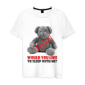 Мужская футболка хлопок с принтом I got lost my Teddy bear, would you like to sleep with me? в Екатеринбурге, 100% хлопок | прямой крой, круглый вырез горловины, длина до линии бедер, слегка спущенное плечо. | любовь | медвежонок | мишка | мишутка | переспать | постель