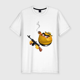 Мужская футболка премиум с принтом Smile Gangster в Екатеринбурге, 92% хлопок, 8% лайкра | приталенный силуэт, круглый вырез ворота, длина до линии бедра, короткий рукав | smile gangster | автомат | колобок | оружие | смайл гангстер