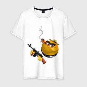 Мужская футболка хлопок с принтом Smile Gangster в Екатеринбурге, 100% хлопок | прямой крой, круглый вырез горловины, длина до линии бедер, слегка спущенное плечо. | Тематика изображения на принте: smile gangster | автомат | колобок | оружие | смайл гангстер