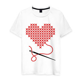 Мужская футболка хлопок с принтом Сердце вышивка с иголкой в Екатеринбурге, 100% хлопок | прямой крой, круглый вырез горловины, длина до линии бедер, слегка спущенное плечо. | игла | любимая | любимый | любовь | нитка | отношения | сердечко | чувства