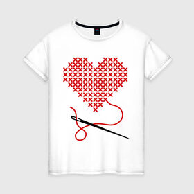 Женская футболка хлопок с принтом Сердце вышивка с иголкой в Екатеринбурге, 100% хлопок | прямой крой, круглый вырез горловины, длина до линии бедер, слегка спущенное плечо | игла | любимая | любимый | любовь | нитка | отношения | сердечко | чувства