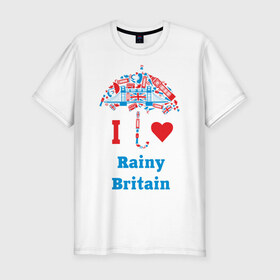 Мужская футболка премиум с принтом я люблю Британию в Екатеринбурге, 92% хлопок, 8% лайкра | приталенный силуэт, круглый вырез ворота, длина до линии бедра, короткий рукав | Тематика изображения на принте: i love rainy britain | rainy britain | зонт | зонтик | я люблю британию
