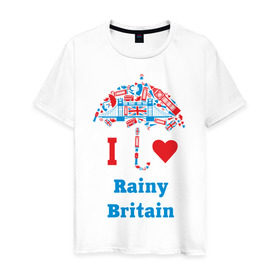 Мужская футболка хлопок с принтом я люблю Британию в Екатеринбурге, 100% хлопок | прямой крой, круглый вырез горловины, длина до линии бедер, слегка спущенное плечо. | Тематика изображения на принте: i love rainy britain | rainy britain | зонт | зонтик | я люблю британию