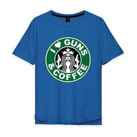 Мужская футболка хлопок Oversize с принтом I Love Guns and Coffee пистолеты и кофе в Екатеринбурге, 100% хлопок | свободный крой, круглый ворот, “спинка” длиннее передней части | я люблю кофе и пистолеты