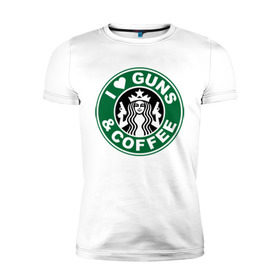 Мужская футболка премиум с принтом I Love Guns and Coffee пистолеты и кофе в Екатеринбурге, 92% хлопок, 8% лайкра | приталенный силуэт, круглый вырез ворота, длина до линии бедра, короткий рукав | Тематика изображения на принте: я люблю кофе и пистолеты