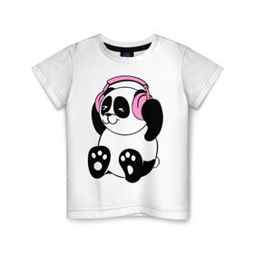 Детская футболка хлопок с принтом Panda in headphones (панда в наушниках) в Екатеринбурге, 100% хлопок | круглый вырез горловины, полуприлегающий силуэт, длина до линии бедер | панда
