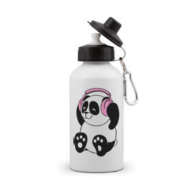 Бутылка спортивная с принтом Panda in headphones (панда в наушниках) в Екатеринбурге, металл | емкость — 500 мл, в комплекте две пластиковые крышки и карабин для крепления | панда