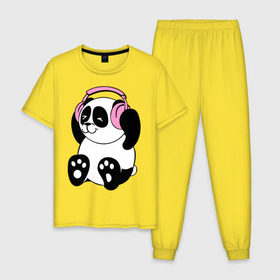 Мужская пижама хлопок с принтом Panda in headphones (панда в наушниках) в Екатеринбурге, 100% хлопок | брюки и футболка прямого кроя, без карманов, на брюках мягкая резинка на поясе и по низу штанин
 | панда