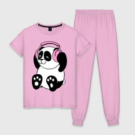 Женская пижама хлопок с принтом Panda in headphones (панда в наушниках) в Екатеринбурге, 100% хлопок | брюки и футболка прямого кроя, без карманов, на брюках мягкая резинка на поясе и по низу штанин | панда