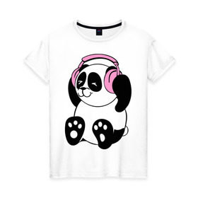 Женская футболка хлопок с принтом Panda in headphones (панда в наушниках) в Екатеринбурге, 100% хлопок | прямой крой, круглый вырез горловины, длина до линии бедер, слегка спущенное плечо | панда