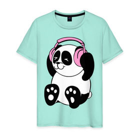 Мужская футболка хлопок с принтом Panda in headphones (панда в наушниках) в Екатеринбурге, 100% хлопок | прямой крой, круглый вырез горловины, длина до линии бедер, слегка спущенное плечо. | панда