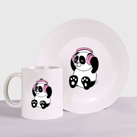 Набор: тарелка + кружка с принтом Panda in headphones (панда в наушниках) в Екатеринбурге, керамика | Кружка: объем — 330 мл, диаметр — 80 мм. Принт наносится на бока кружки, можно сделать два разных изображения. 
Тарелка: диаметр - 210 мм, диаметр для нанесения принта - 120 мм. | панда