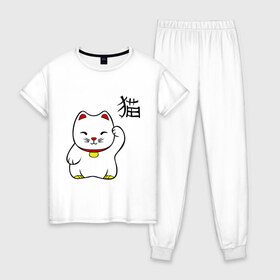 Женская пижама хлопок с принтом Манэки-нэко (Maneki-Neko) в Екатеринбурге, 100% хлопок | брюки и футболка прямого кроя, без карманов, на брюках мягкая резинка на поясе и по низу штанин | кошки | няш | символ счастья | японские кошки