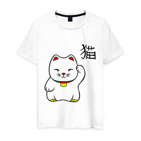 Мужская футболка хлопок с принтом Манэки-нэко (Maneki-Neko) в Екатеринбурге, 100% хлопок | прямой крой, круглый вырез горловины, длина до линии бедер, слегка спущенное плечо. | кошки | няш | символ счастья | японские кошки