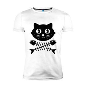 Мужская футболка премиум с принтом Пиратский знак кот и кости в Екатеринбурге, 92% хлопок, 8% лайкра | приталенный силуэт, круглый вырез ворота, длина до линии бедра, короткий рукав | киса | косточки от рыбы | кот | котенок | кошка | рыбка | черный кот