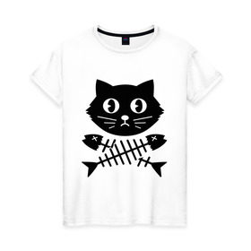 Женская футболка хлопок с принтом Пиратский знак кот и кости в Екатеринбурге, 100% хлопок | прямой крой, круглый вырез горловины, длина до линии бедер, слегка спущенное плечо | киса | косточки от рыбы | кот | котенок | кошка | рыбка | черный кот