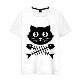 Мужская футболка хлопок с принтом Пиратский знак кот и кости в Екатеринбурге, 100% хлопок | прямой крой, круглый вырез горловины, длина до линии бедер, слегка спущенное плечо. | киса | косточки от рыбы | кот | котенок | кошка | рыбка | черный кот