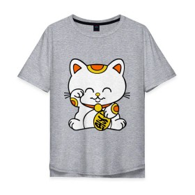 Мужская футболка хлопок Oversize с принтом Maneki-Neko Манэки – кошка удачи в Екатеринбурге, 100% хлопок | свободный крой, круглый ворот, “спинка” длиннее передней части | киса | котенок | кошка удачи | японские кошки