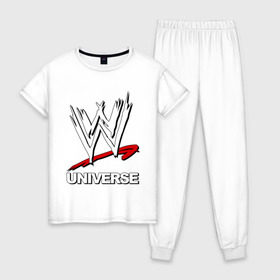Женская пижама хлопок с принтом WWE universe в Екатеринбурге, 100% хлопок | брюки и футболка прямого кроя, без карманов, на брюках мягкая резинка на поясе и по низу штанин | джон сина