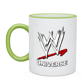 Кружка двухцветная с принтом WWE universe в Екатеринбурге, керамика | объем — 330 мл, диаметр — 80 мм. Цветная ручка и кайма сверху, в некоторых цветах — вся внутренняя часть | джон сина