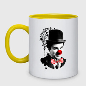Кружка двухцветная с принтом Чарли Чаплин в Екатеринбурге, керамика | объем — 330 мл, диаметр — 80 мм. Цветная ручка и кайма сверху, в некоторых цветах — вся внутренняя часть | 1 апреля | lera | день смеха | клоун | нос | прикол | шутить изволите | шутка | юморист