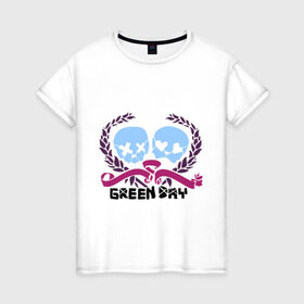 Женская футболка хлопок с принтом Green day skulls в Екатеринбурге, 100% хлопок | прямой крой, круглый вырез горловины, длина до линии бедер, слегка спущенное плечо | green day | rock | грин дэй | лента | музыка | рок группа | черепа | черепушки