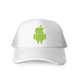 Кепка тракер с сеткой с принтом Android Applehead в Екатеринбурге, трикотажное полотно; задняя часть — сетка | длинный козырек, универсальный размер, пластиковая застежка | Тематика изображения на принте: android | apple | админам | андроид | для админов | эпл