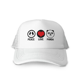 Кепка тракер с сеткой с принтом Peace, love, panda (мир любовь панда) в Екатеринбурге, трикотажное полотно; задняя часть — сетка | длинный козырек, универсальный размер, пластиковая застежка | love | panda | peace | любовь | мир