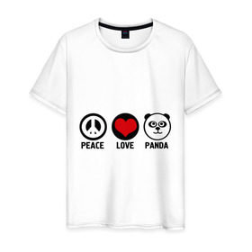 Мужская футболка хлопок с принтом Peace, love, panda (мир любовь панда) в Екатеринбурге, 100% хлопок | прямой крой, круглый вырез горловины, длина до линии бедер, слегка спущенное плечо. | love | panda | peace | любовь | мир