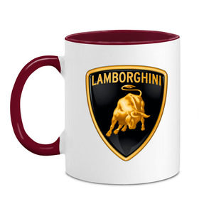 Кружка двухцветная с принтом Lamborghini logo в Екатеринбурге, керамика | объем — 330 мл, диаметр — 80 мм. Цветная ручка и кайма сверху, в некоторых цветах — вся внутренняя часть | Тематика изображения на принте: lamborghini | автомобиль lamborghini | ламборджини | ламборджини автомобиль | логотип lamborghini | логотип ламборджини