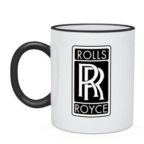 Кружка двухцветная с принтом Rolls-Royce в Екатеринбурге, керамика | объем — 330 мл, диаметр — 80 мм. Цветная ручка и кайма сверху, в некоторых цветах — вся внутренняя часть | rolls royce | rr | автобренды | автолюбителям | бренд | логотип | ролл ройс | ролс ройс