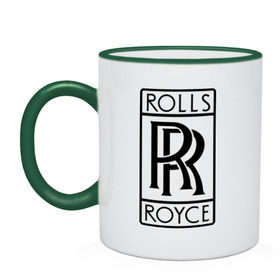 Кружка двухцветная с принтом Rolls-Royce logo в Екатеринбурге, керамика | объем — 330 мл, диаметр — 80 мм. Цветная ручка и кайма сверху, в некоторых цветах — вся внутренняя часть | Тематика изображения на принте: rolls royce | rr | автобренды | автолюбителям | бренд | логотип | ролл ройс | ролс ройс