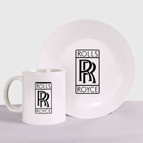 Набор: тарелка + кружка с принтом Rolls-Royce logo в Екатеринбурге, керамика | Кружка: объем — 330 мл, диаметр — 80 мм. Принт наносится на бока кружки, можно сделать два разных изображения. 
Тарелка: диаметр - 210 мм, диаметр для нанесения принта - 120 мм. | Тематика изображения на принте: rolls royce | rr | автобренды | автолюбителям | бренд | логотип | ролл ройс | ролс ройс