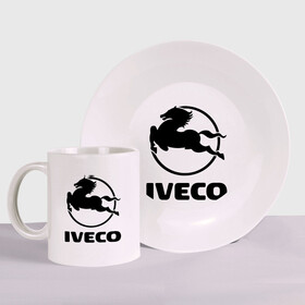 Набор: тарелка + кружка с принтом Iveco в Екатеринбурге, керамика | Кружка: объем — 330 мл, диаметр — 80 мм. Принт наносится на бока кружки, можно сделать два разных изображения. 
Тарелка: диаметр - 210 мм, диаметр для нанесения принта - 120 мм. | iveco | автобренды | автолюбителям | бренд | ивеко | логотип