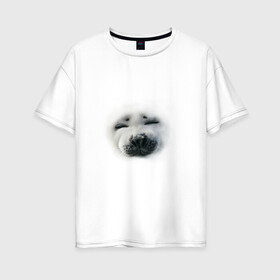 Женская футболка хлопок Oversize с принтом Пушистый морской котик в Екатеринбурге, 100% хлопок | свободный крой, круглый ворот, спущенный рукав, длина до линии бедер
 | животные | звери | мордочка | нос