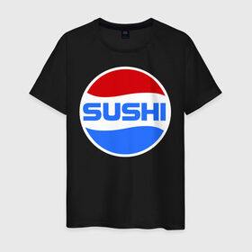 Мужская футболка хлопок с принтом Sushi Pepsi в Екатеринбурге, 100% хлопок | прямой крой, круглый вырез горловины, длина до линии бедер, слегка спущенное плечо. | Тематика изображения на принте: sushi | sushi pepsi | суши | суши пепси