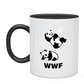 Кружка двухцветная с принтом Панда WWF Wrestling Challenge в Екатеринбурге, керамика | объем — 330 мл, диаметр — 80 мм. Цветная ручка и кайма сверху, в некоторых цветах — вся внутренняя часть | панда