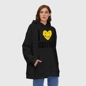 Худи SuperOversize хлопок с принтом I love Nirvana в Екатеринбурге, 70% хлопок, 30% полиэстер, мягкий начес внутри | карман-кенгуру, эластичная резинка на манжетах и по нижней кромке, двухслойный капюшон
 | i love nirvana | nirvana | нирвана | я люблю нирвану