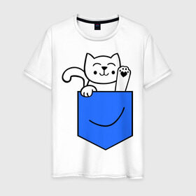 Мужская футболка хлопок с принтом Котенок в кармане в Екатеринбурге, 100% хлопок | прямой крой, круглый вырез горловины, длина до линии бедер, слегка спущенное плечо. | киса | котенок | котик | кошка
