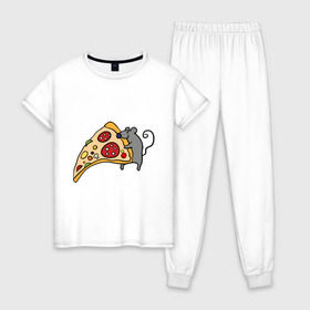 Женская пижама хлопок с принтом Кусочек пиццы парная в Екатеринбурге, 100% хлопок | брюки и футболка прямого кроя, без карманов, на брюках мягкая резинка на поясе и по низу штанин | pizza | влюбленным | для влюбленных | для двоих | для пар | мышонок | пара | парные | пицца