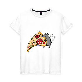 Женская футболка хлопок с принтом Кусочек пиццы парная в Екатеринбурге, 100% хлопок | прямой крой, круглый вырез горловины, длина до линии бедер, слегка спущенное плечо | pizza | влюбленным | для влюбленных | для двоих | для пар | мышонок | пара | парные | пицца