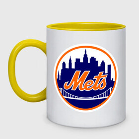 Кружка двухцветная с принтом New York Mets в Екатеринбурге, керамика | объем — 330 мл, диаметр — 80 мм. Цветная ручка и кайма сверху, в некоторых цветах — вся внутренняя часть | baseball | mets | new york mets | бейсбол | нью йорк метс | спорт