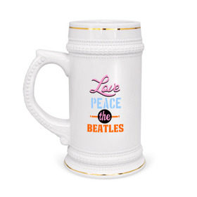 Кружка пивная с принтом Love peace the Beatles в Екатеринбурге,  керамика (Материал выдерживает высокую температуру, стоит избегать резкого перепада температур) |  объем 630 мл | beatles | love peace the beatles | the beatles | бителс